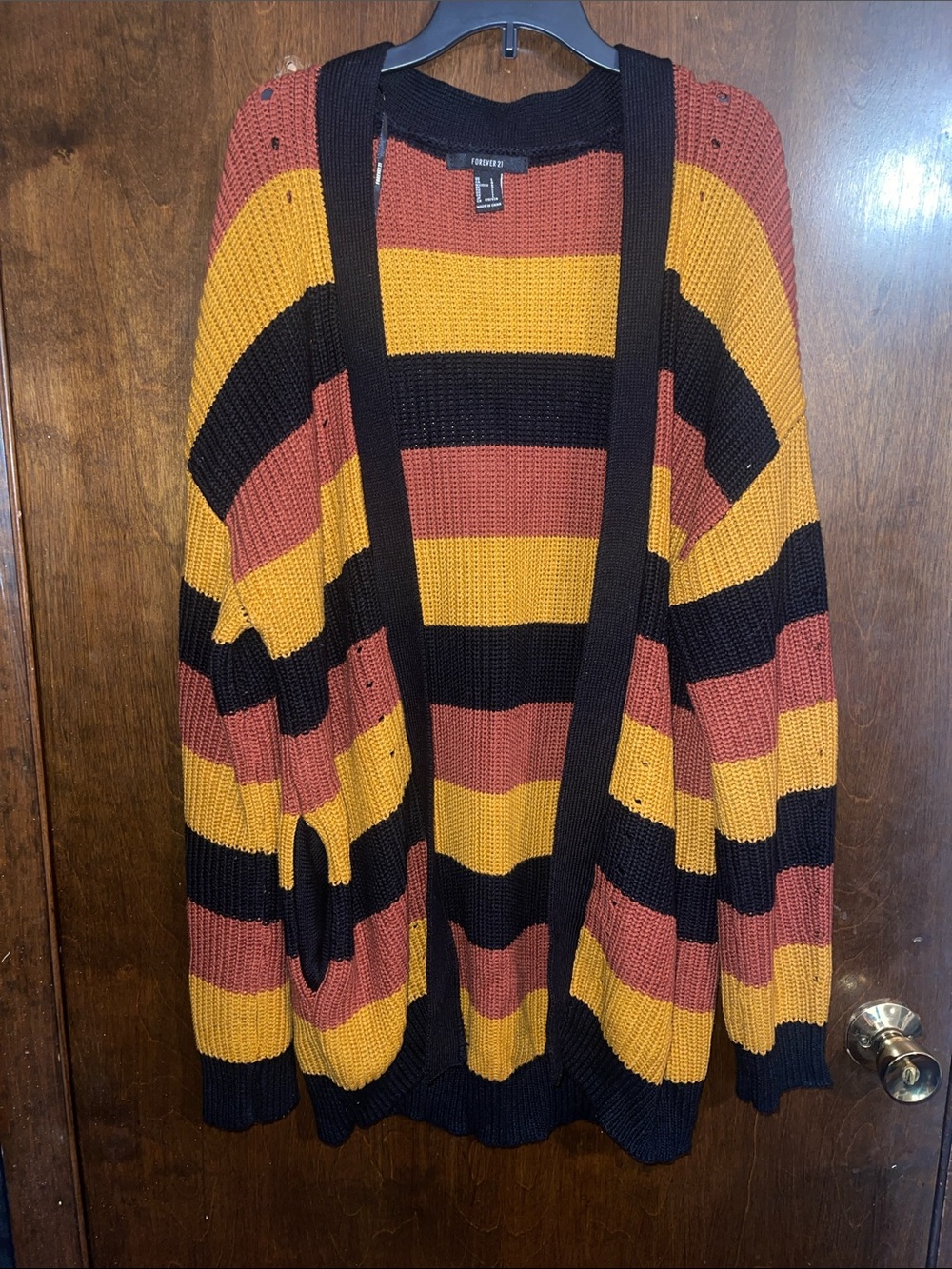 Forever 21 Striped Open-Front Cardigan - Black, Mustard, Rust